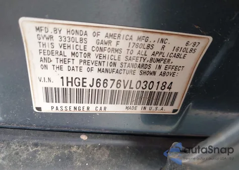 1997 Honda Civic Lx из США, поврежденный, VIN 1HGEJ6676VL030184